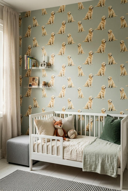 Golden Retriever Pattern Wallpaper Soft Green Dog Lover Wall Design Modern Decor