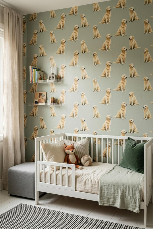 Golden Retriever Pattern Wallpaper Soft Green Dog Lover Wall Design Modern Decor