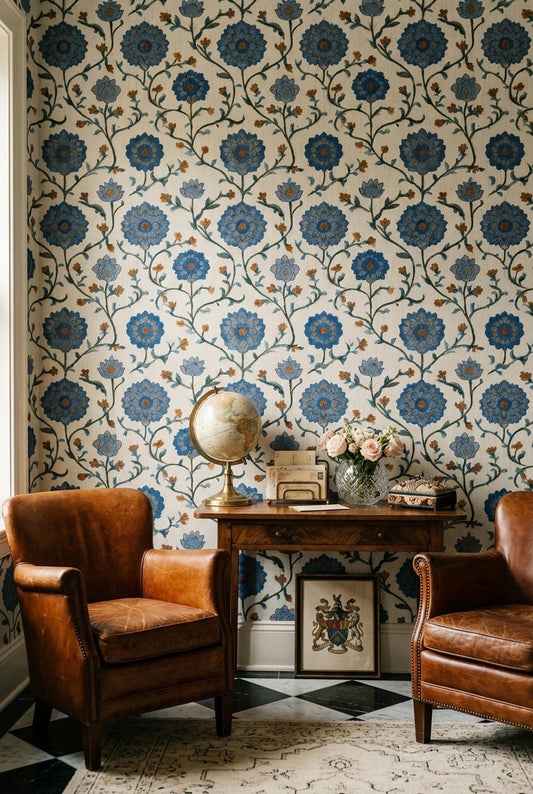 Indigo Floral Wallpaper Vintage Botanical Pattern Classic Blue Cream Wall Decor