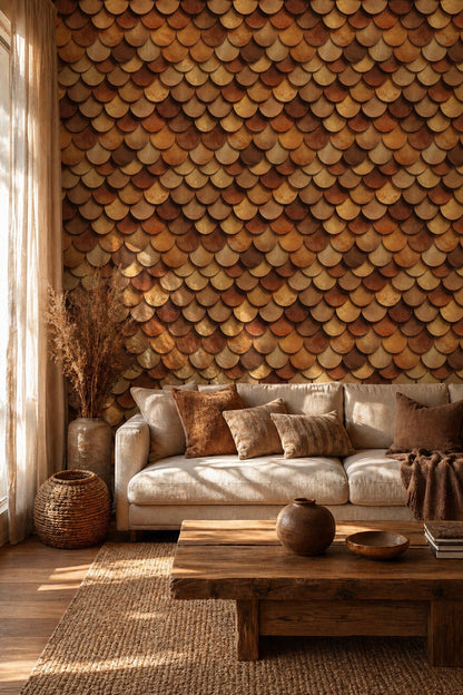 Rustic Wood Tile Wallpaper Scallop Pattern Earth Tone Textured Wall Decor