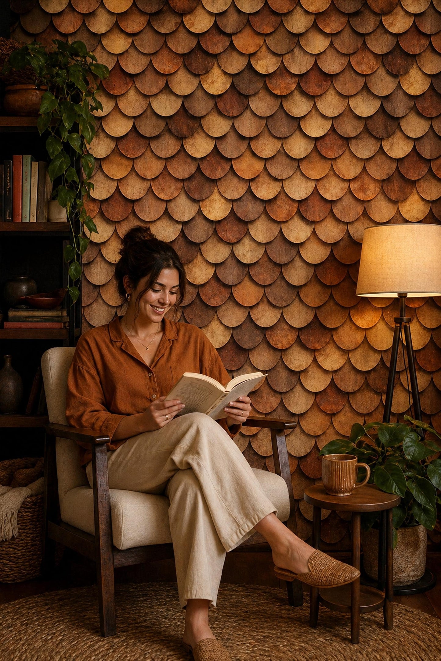 Rustic Wood Tile Wallpaper Scallop Pattern Earth Tone Textured Wall Decor