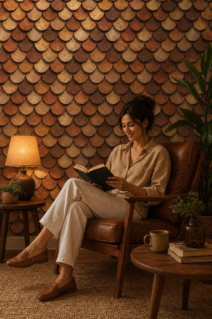 Rustic Wood Tile Wallpaper Scallop Pattern Earth Tone Textured Wall Decor