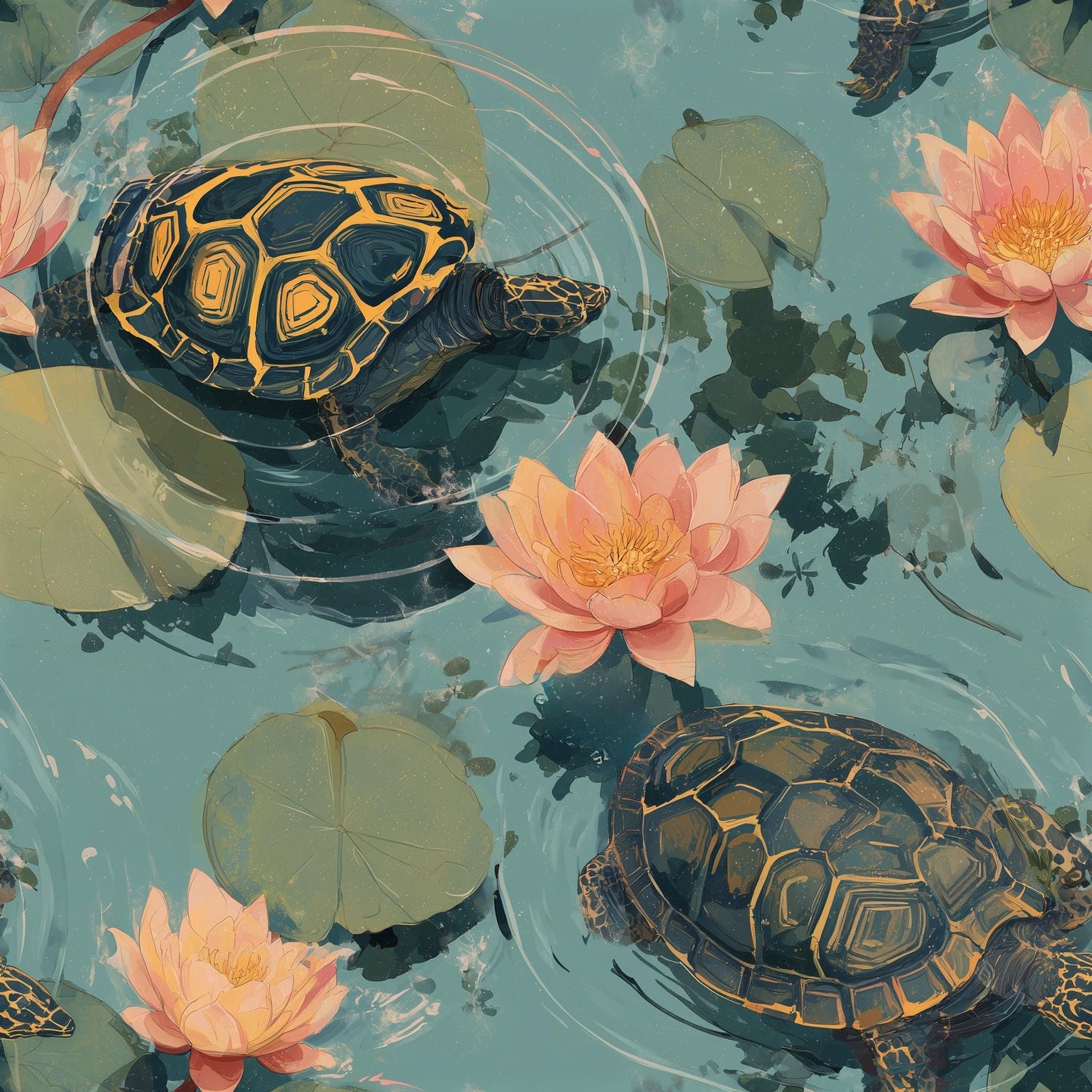Lotus Turtle Wallpaper Pond Pattern Water Garden Japandi Wall Decor