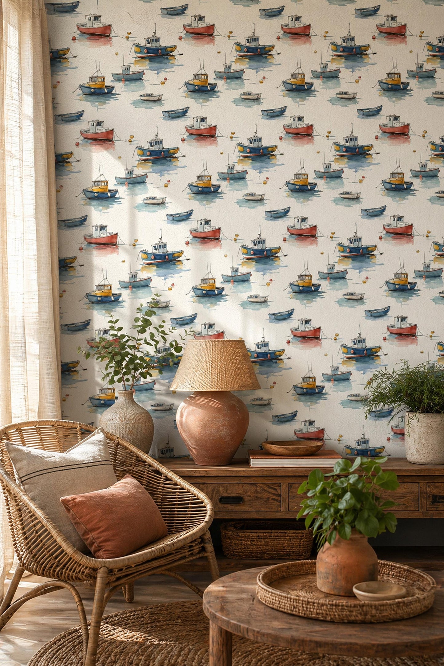 Coastal Boat Wallpaper Watercolor Nautical Pattern Beach House Wall Decor