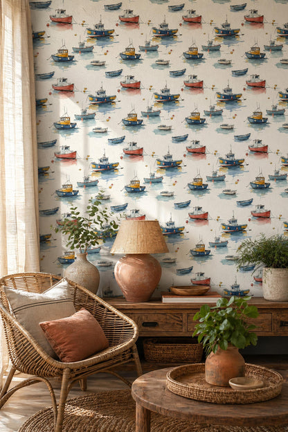 Coastal Boat Wallpaper Watercolor Nautical Pattern Beach House Wall Decor