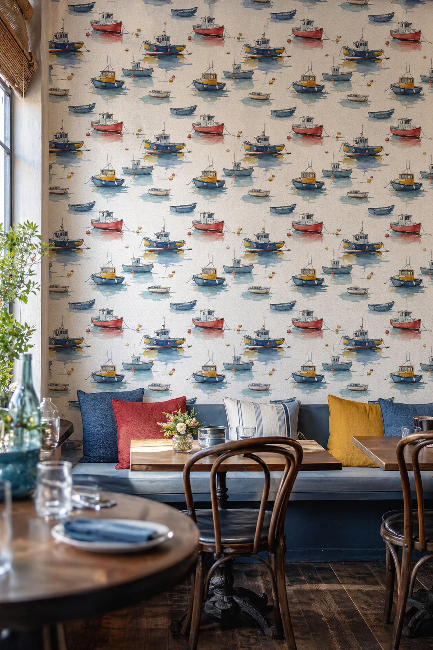 Coastal Boat Wallpaper Watercolor Nautical Pattern Beach House Wall Decor