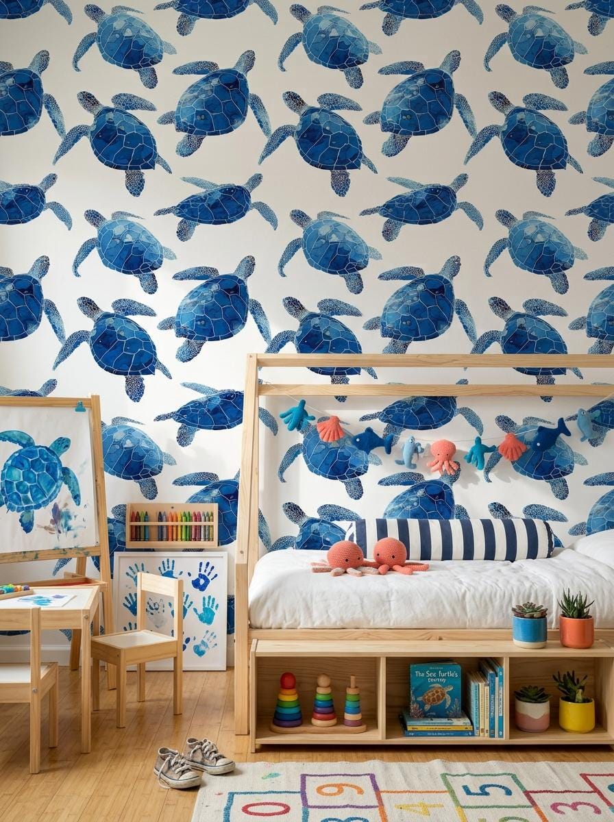 Blue Sea Turtle Wallpaper Coastal Ocean Pattern Marine Animal Wall Decor