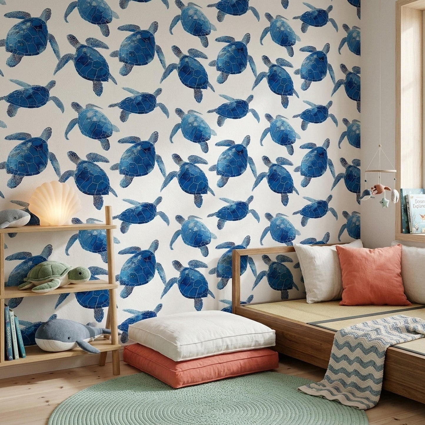 Blue Sea Turtle Wallpaper Coastal Ocean Pattern Marine Animal Wall Decor