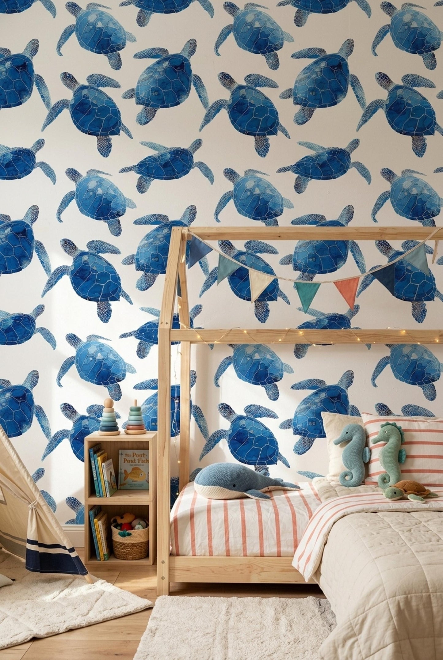 Blue Sea Turtle Wallpaper Coastal Ocean Pattern Marine Animal Wall Decor