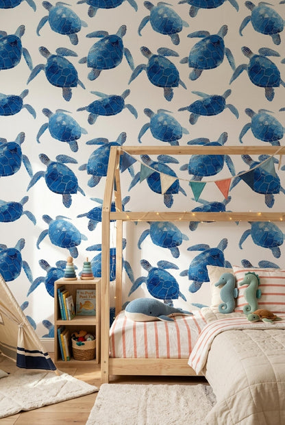 Blue Sea Turtle Wallpaper Coastal Ocean Pattern Marine Animal Wall Decor