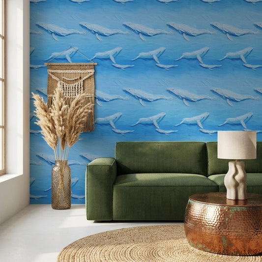 Blue Whale Wallpaper Ocean Art Brush Texture Marine Pattern Coastal Wall Decor
