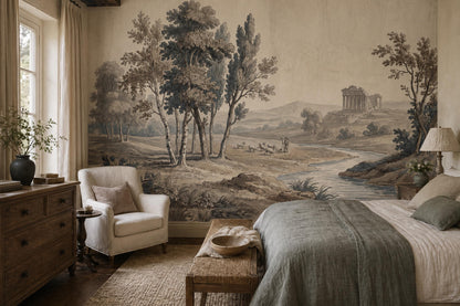 Classical Landscape Wallpaper Toile Illustration Antique Parchment Wall Mural