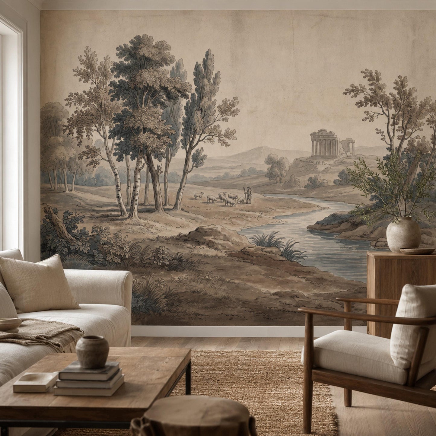 Classical Landscape Wallpaper Toile Illustration Antique Parchment Wall Mural