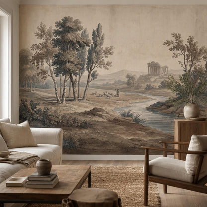 Classical Landscape Wallpaper Toile Illustration Antique Parchment Wall Mural