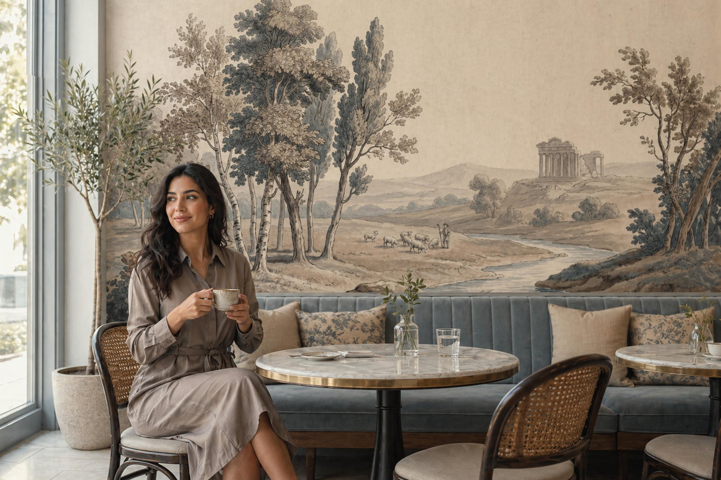 Classical Landscape Wallpaper Toile Illustration Antique Parchment Wall Mural