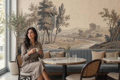 Classical Landscape Wallpaper Toile Illustration Antique Parchment Wall Mural