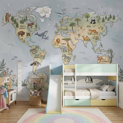 Whimsical Animal World Map Wallpaper Little Explorer Nursery Mural Storybook Kids Room Decor