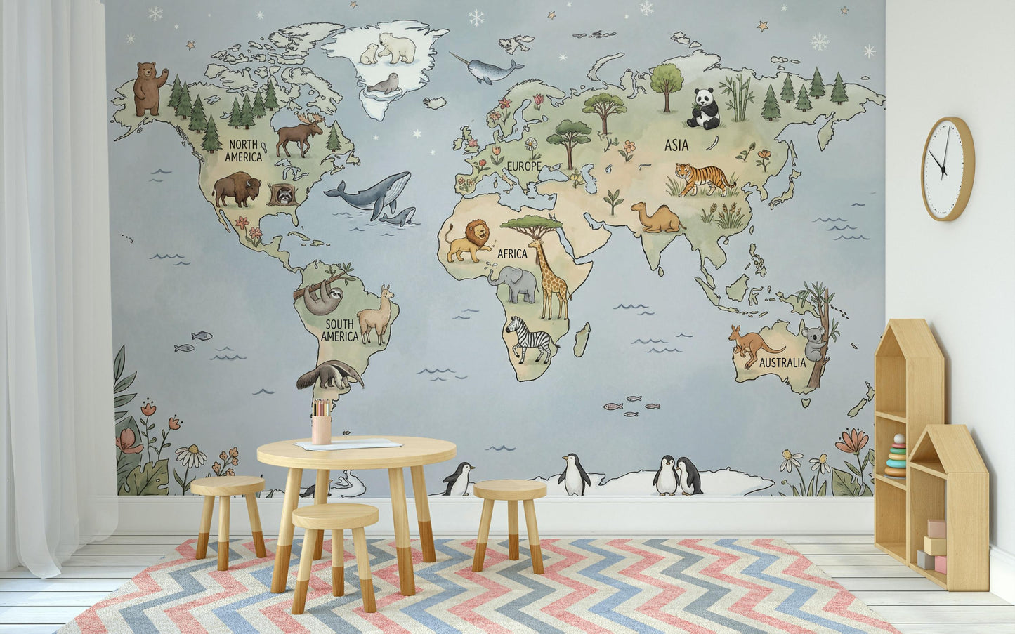 Whimsical Animal World Map Wallpaper Little Explorer Nursery Mural Storybook Kids Room Decor
