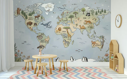 Whimsical Animal World Map Wallpaper Little Explorer Nursery Mural Storybook Kids Room Decor