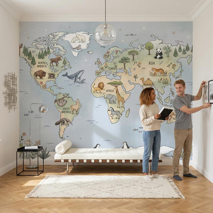 Whimsical Animal World Map Wallpaper Little Explorer Nursery Mural Storybook Kids Room Decor