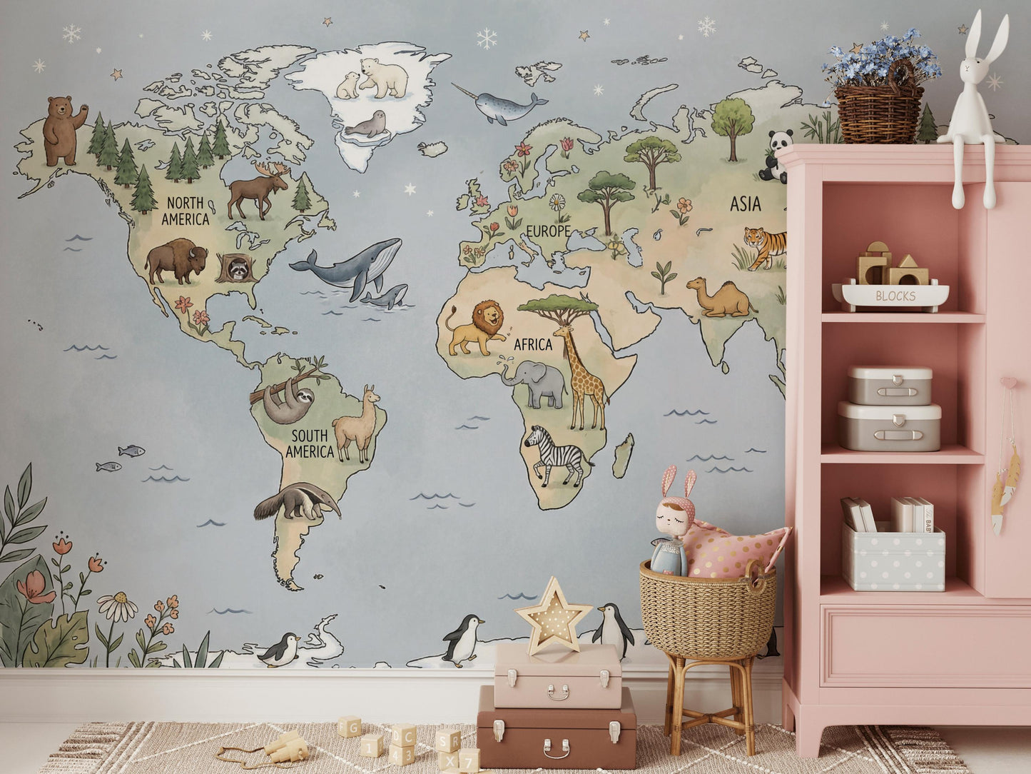 Whimsical Animal World Map Wallpaper Little Explorer Nursery Mural Storybook Kids Room Decor