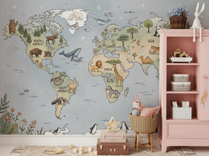 Whimsical Animal World Map Wallpaper Little Explorer Nursery Mural Storybook Kids Room Decor
