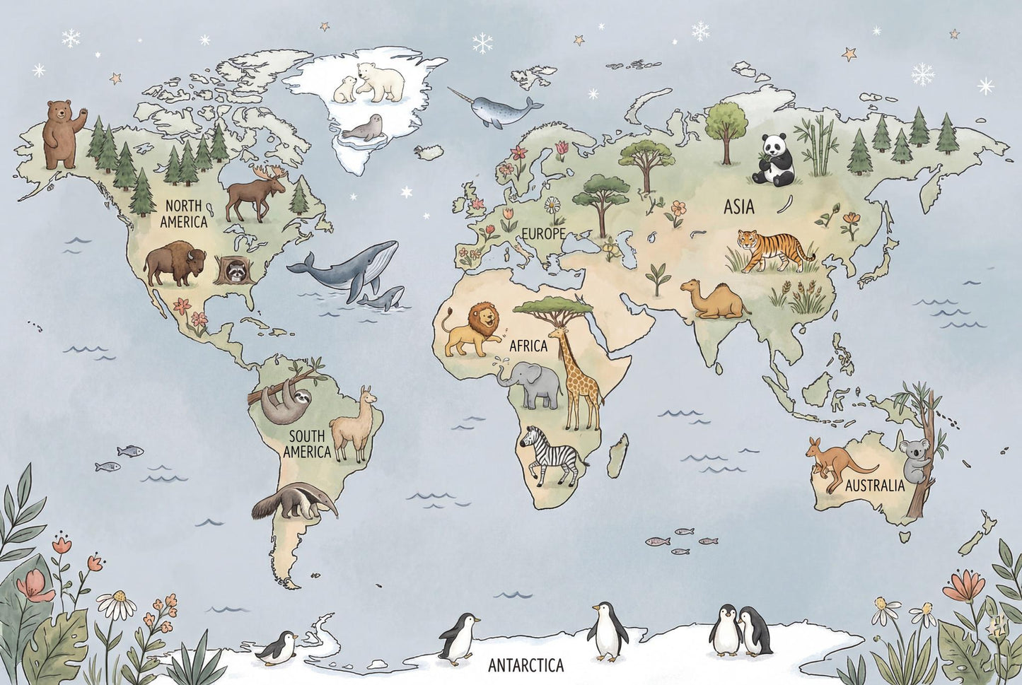 Whimsical Animal World Map Wallpaper Little Explorer Nursery Mural Storybook Kids Room Decor