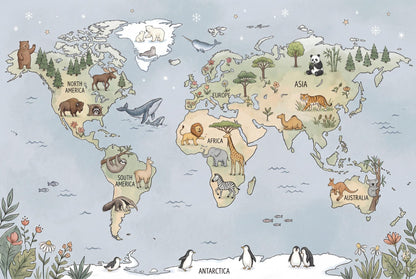 Whimsical Animal World Map Wallpaper Little Explorer Nursery Mural Storybook Kids Room Decor