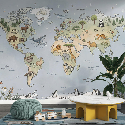 Whimsical Animal World Map Wallpaper Little Explorer Nursery Mural Storybook Kids Room Decor