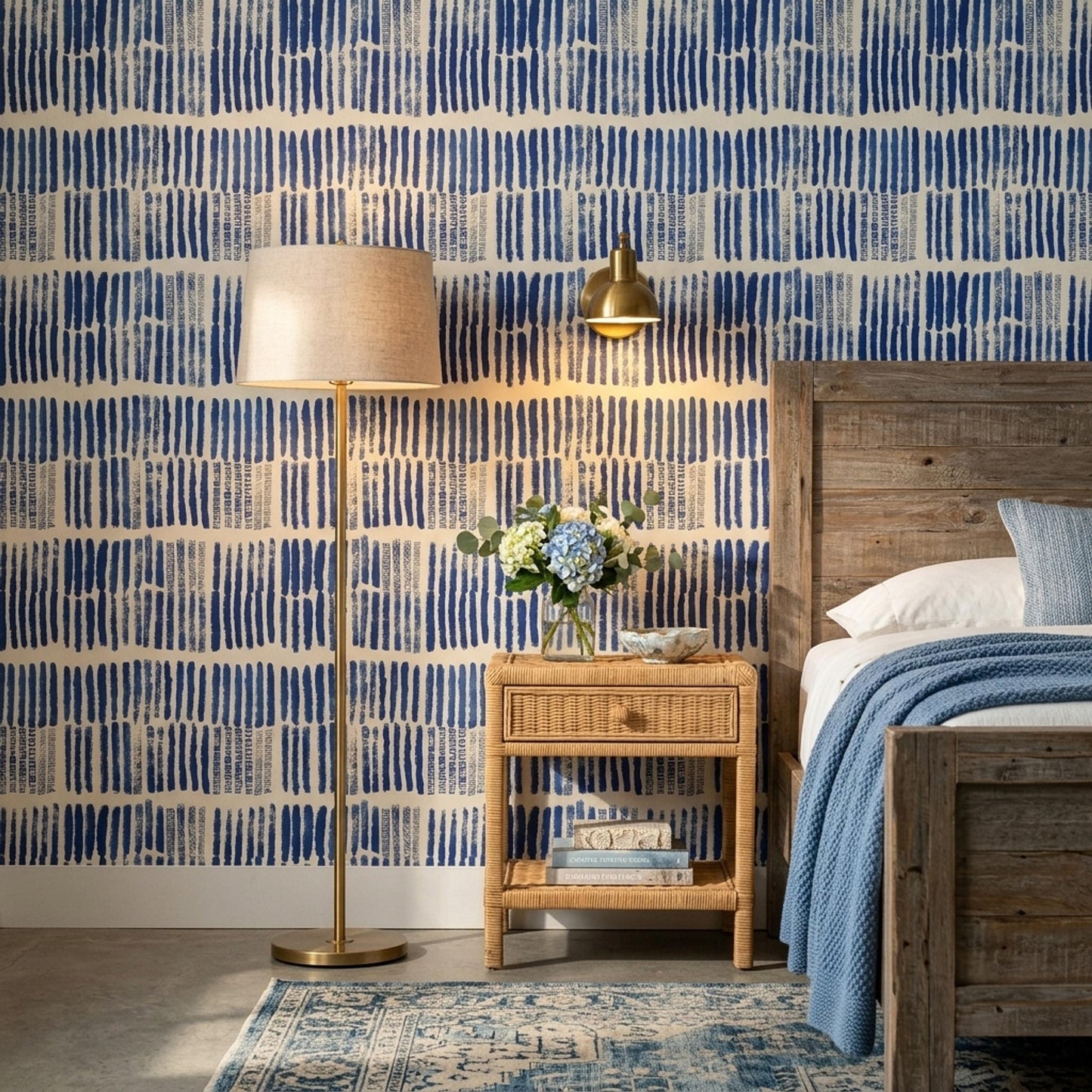 Indigo Rhythm Stripe Wallpaper Blue Brushstroke Pattern Modern Coastal Boho Wall Decor
