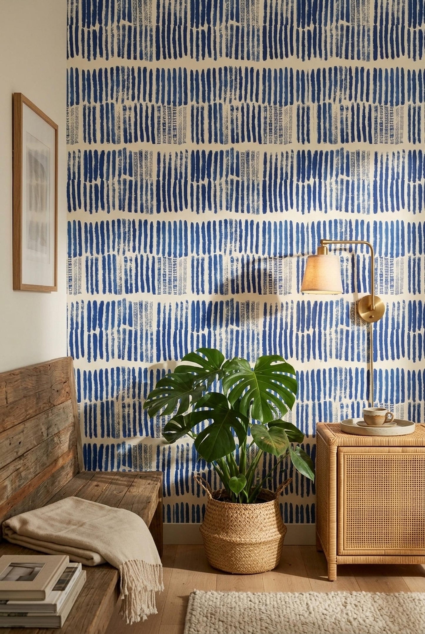 Indigo Rhythm Stripe Wallpaper Blue Brushstroke Pattern Modern Coastal Boho Wall Decor