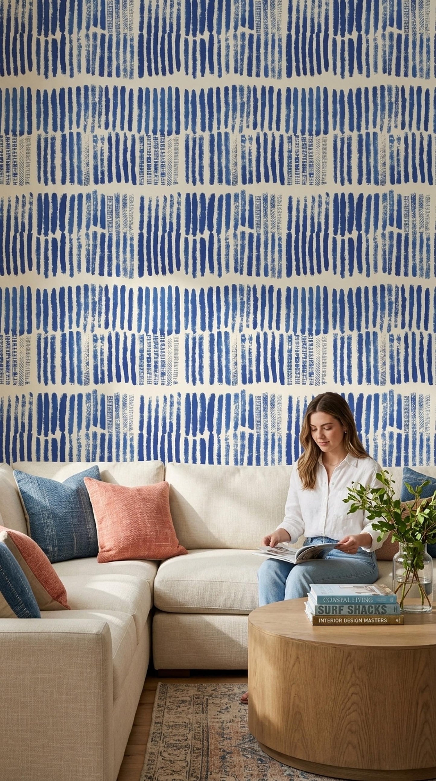 Indigo Rhythm Stripe Wallpaper Blue Brushstroke Pattern Modern Coastal Boho Wall Decor