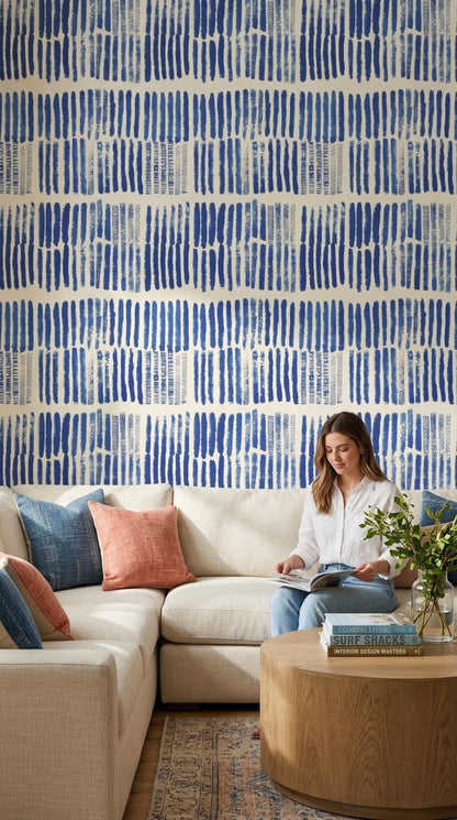 Indigo Rhythm Stripe Wallpaper Blue Brushstroke Pattern Modern Coastal Boho Wall Decor