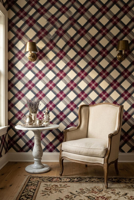 Heritage Plaid Wallpaper Red Blue Tartan Pattern Rustic Farmhouse Cabin Wall Decor