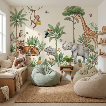 Storybook Safari Wall Mural Kids Jungle Scene Animal Nursery Decor Adventure Theme