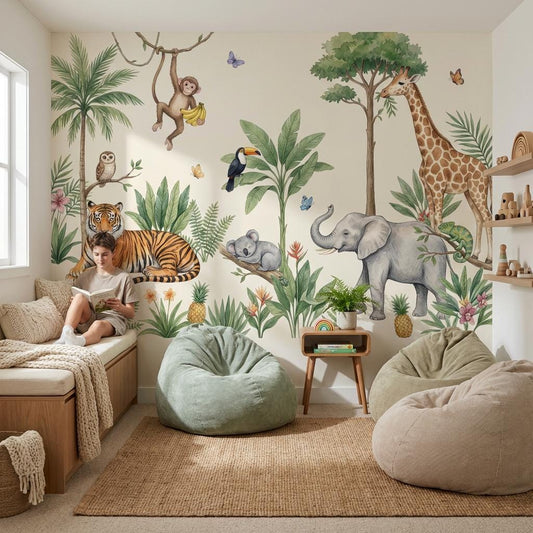 Storybook Safari Wall Mural Kids Jungle Scene Animal Nursery Decor Adventure Theme