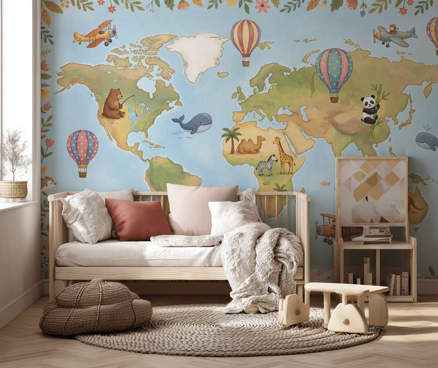 Playful World Map Wall Mural Kids Room Travel Theme Nursery Adventure Animal Map Decor