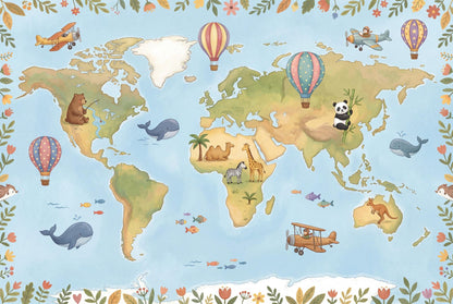 Playful World Map Wall Mural Kids Room Travel Theme Nursery Adventure Animal Map Decor
