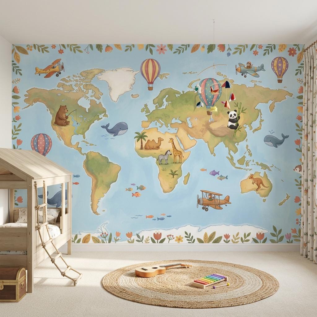 Playful World Map Wall Mural Kids Room Travel Theme Nursery Adventure Animal Map Decor