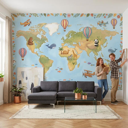 Playful World Map Wall Mural Kids Room Travel Theme Nursery Adventure Animal Map Decor