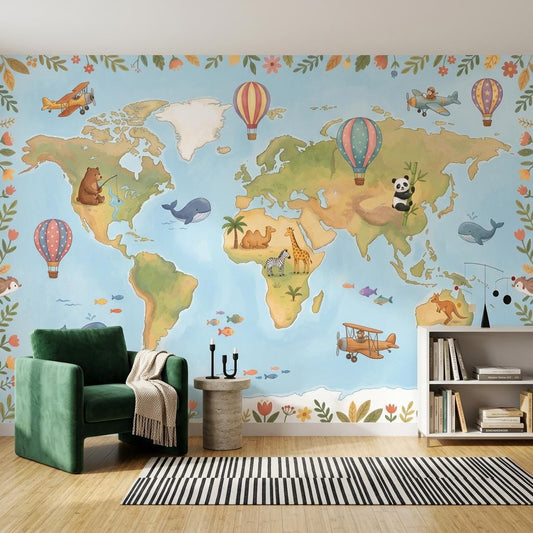 Playful World Map Wall Mural Kids Room Travel Theme Nursery Adventure Animal Map Decor