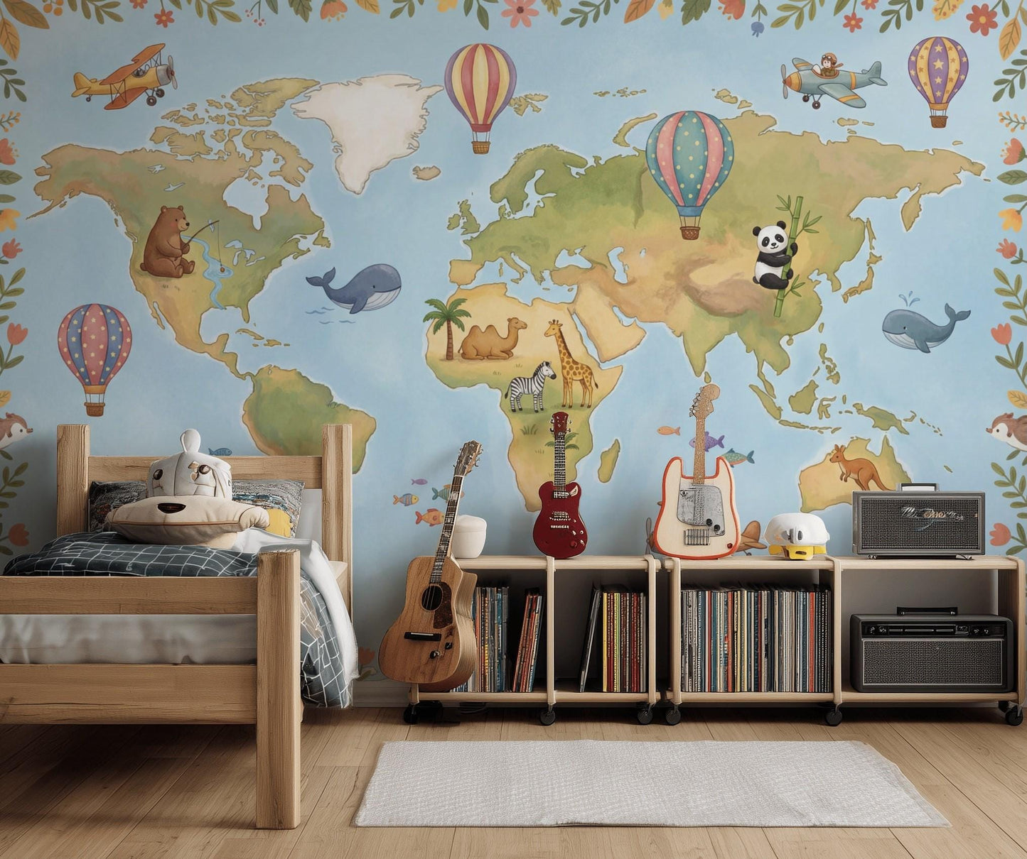 Playful World Map Wall Mural Kids Room Travel Theme Nursery Adventure Animal Map Decor
