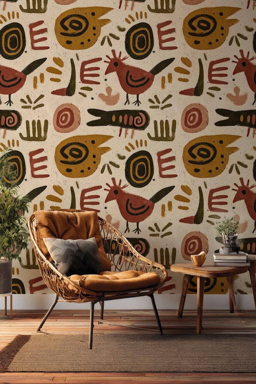 Boho Tribal Animal Wallpaper Abstract Folk Art Pattern Rustic Ethnic Wall Decor