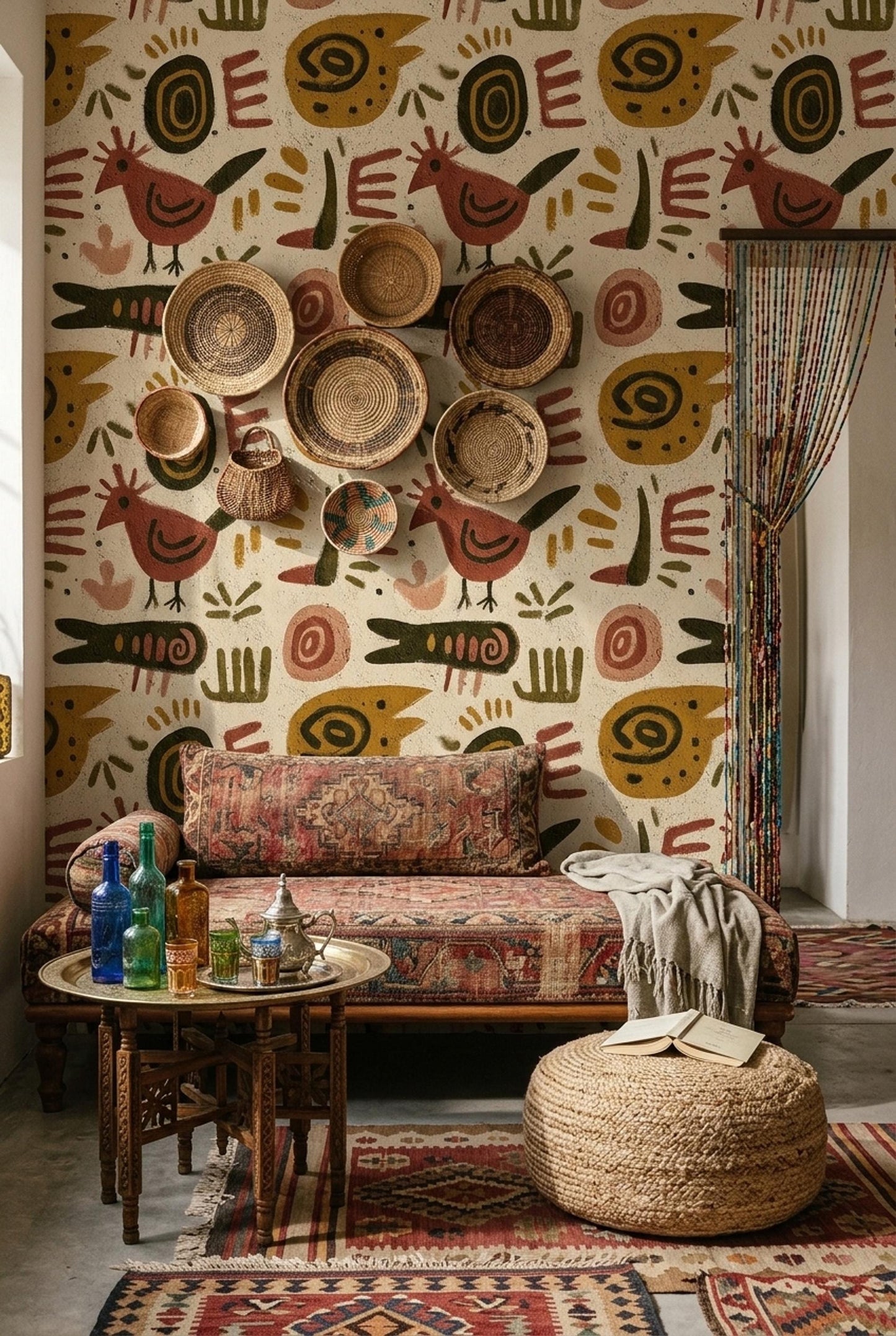 Boho Tribal Animal Wallpaper Abstract Folk Art Pattern Rustic Ethnic Wall Decor