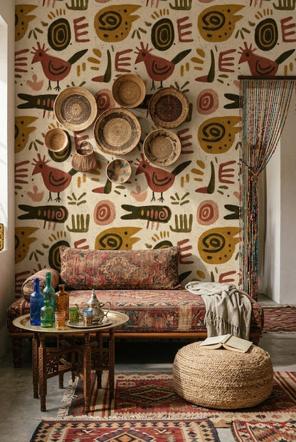 Boho Tribal Animal Wallpaper Abstract Folk Art Pattern Rustic Ethnic Wall Decor