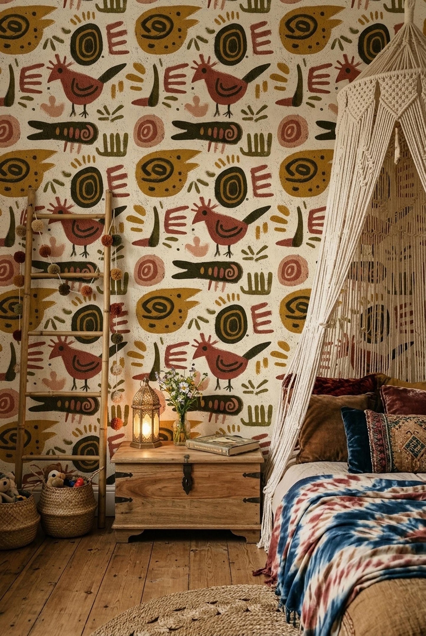 Boho Tribal Animal Wallpaper Abstract Folk Art Pattern Rustic Ethnic Wall Decor