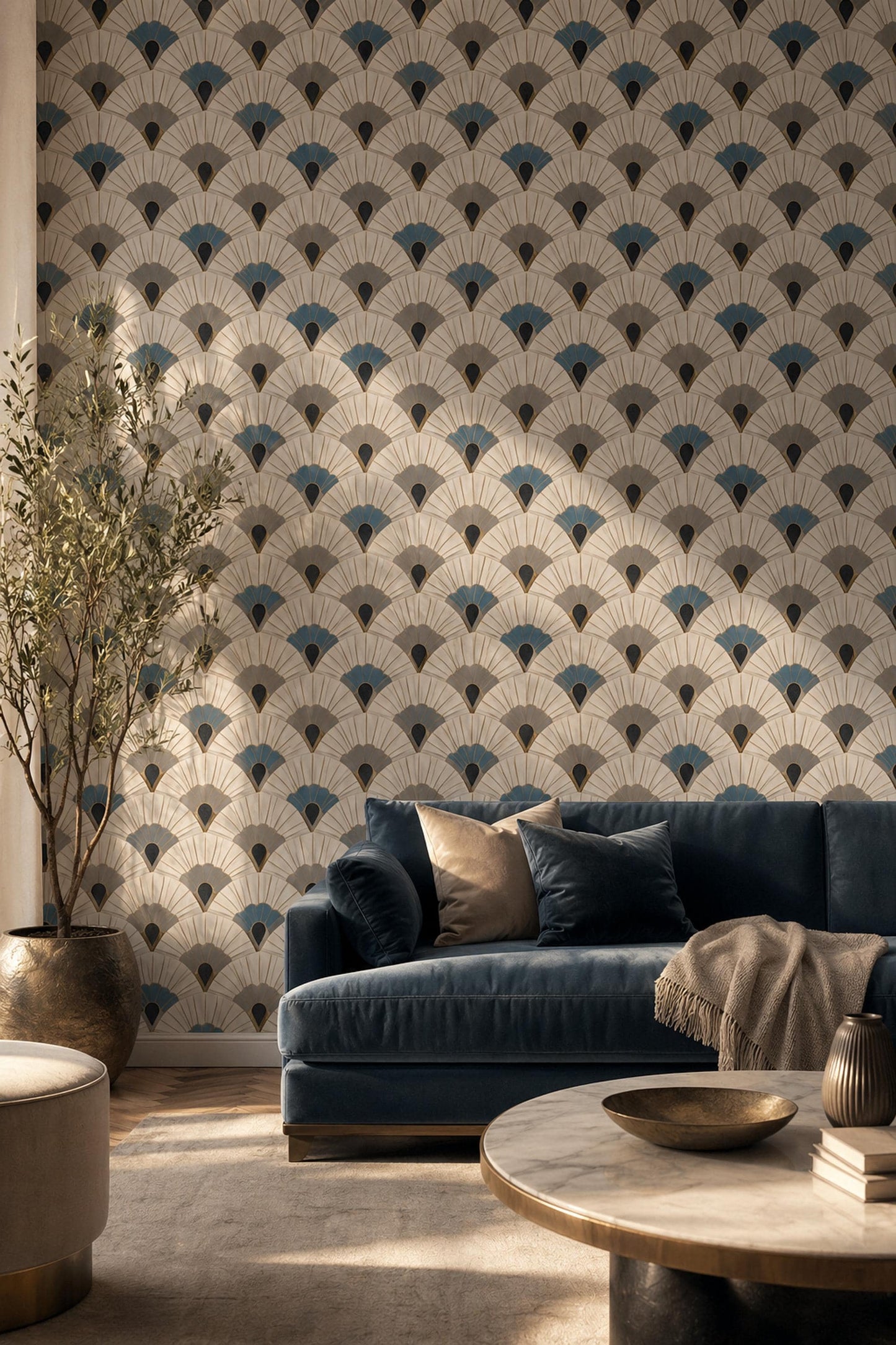 Art Deco Wallpaper Geometric Fan Pattern Neutral Luxury Wall Decor