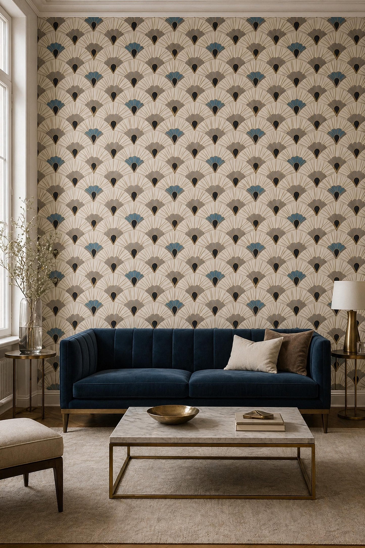 Art Deco Wallpaper Geometric Fan Pattern Neutral Luxury Wall Decor