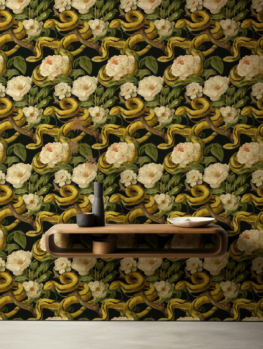 Vintage Snake Floral Wallpaper Dark Botanical Pattern Elegant Nature Wall Decor
