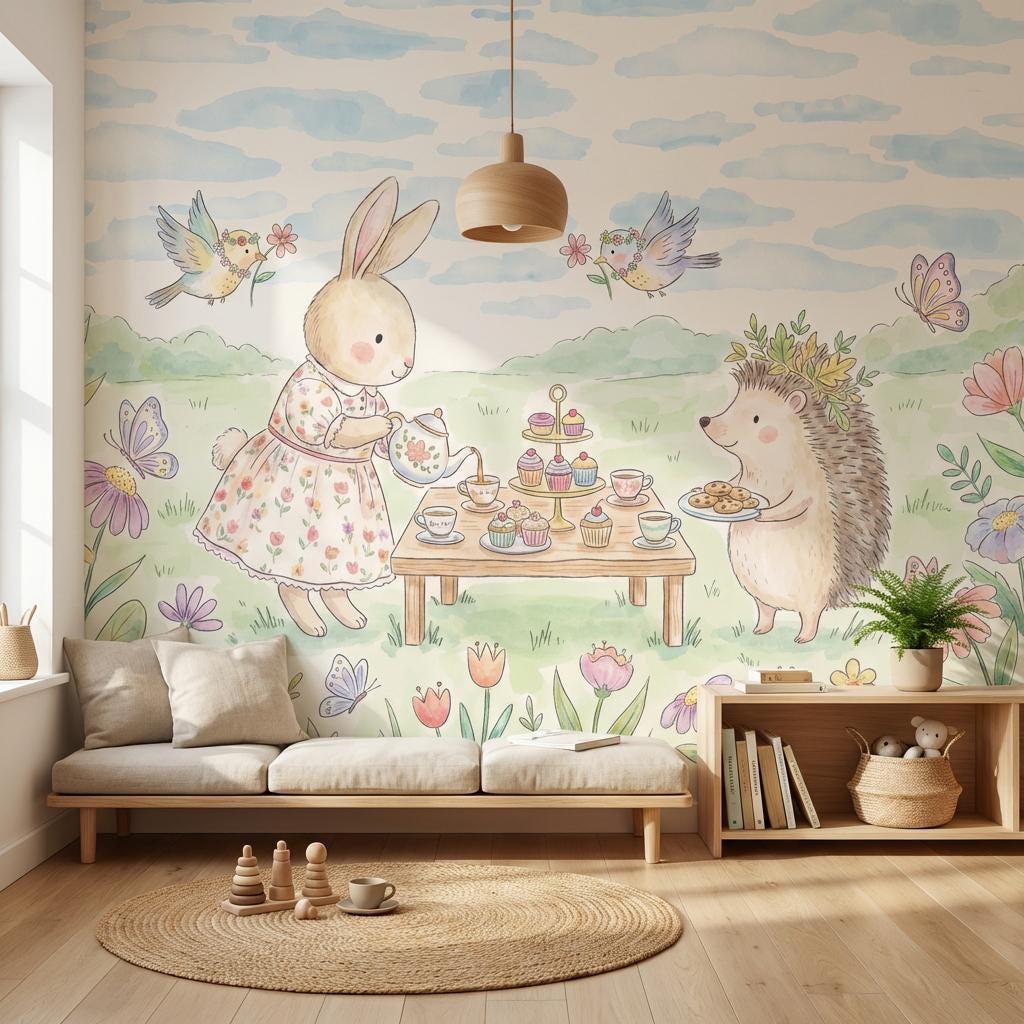 Whimsical Bunny Tea Party Wall Mural Pastel Animal Nursery Wallpaper Storybook Decor